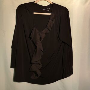 Susan Graver Black Long Sleeve Ruffle Front Blouse – Elegant Stretch Knit Top